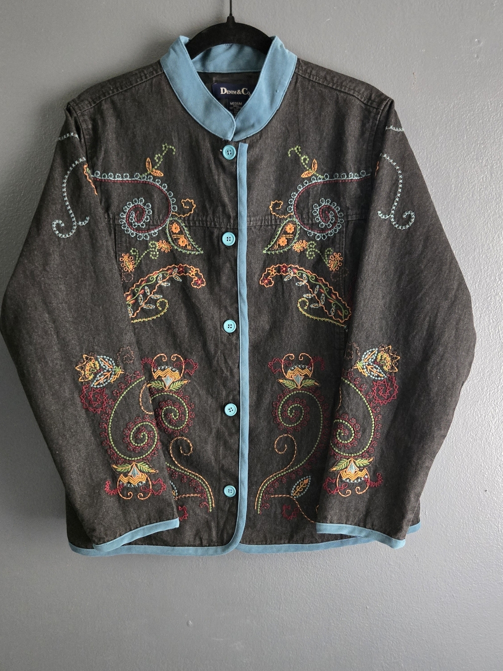 Denim&Co Vtg Embroidered Cotton Black Western Boho Whimsigoth Jean Jacket Medium - Picture 1 of 7